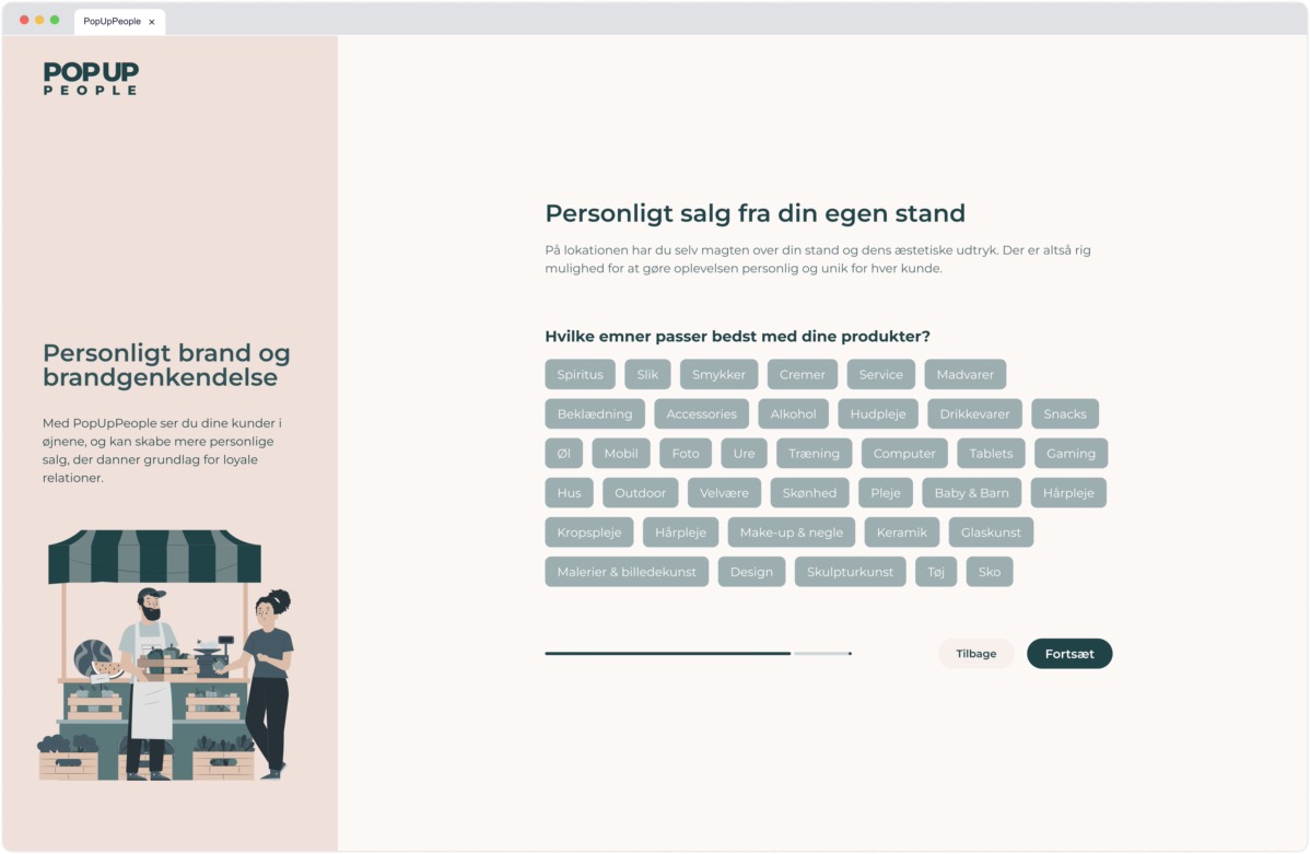 Onboarding step highlighting personal brand benefits with an illustration of a market stand and a selection of topic tags for product types.